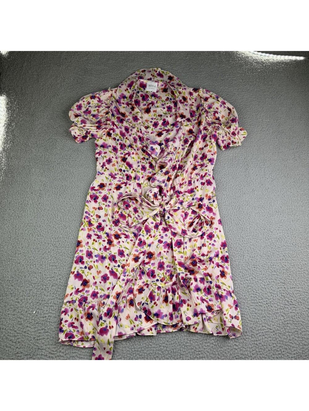 MISA Los Angeles Pink Floral Ruffle Wrap Mini Dress Women's Small Puff Sleeve